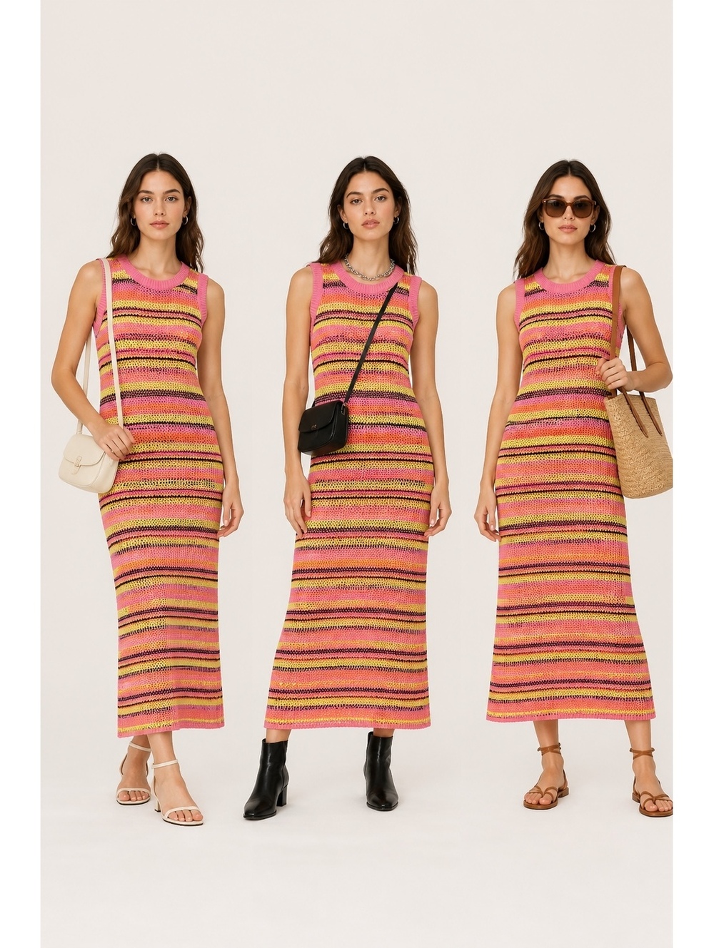 Vestique Striped Knit Sleeveless Midi Dress in Pink, Yellow, and Black Size M